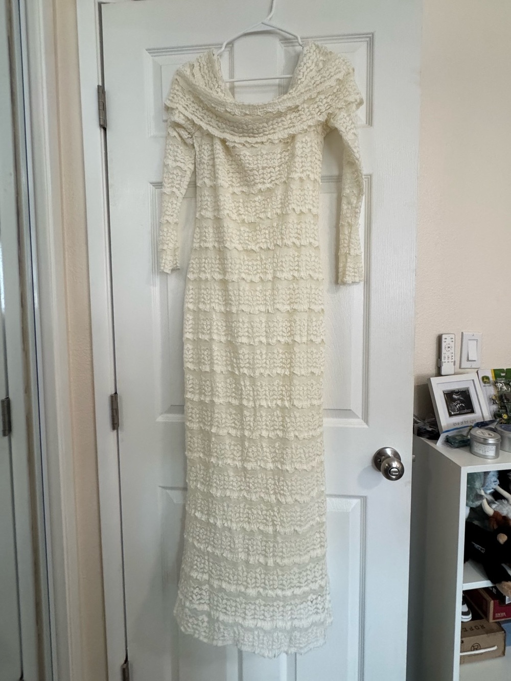 Off-Shoulder Crochet Maxi Dress in Cream used once for my Gender Reveal